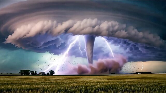 Twister Fury: A Towering Tornado Rips Through the Plains Beneath a Lightning-Lit Supercell Sky of Swirling Chaos and Power