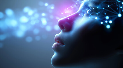 A futuristic human face with glowing neural connections symbolizing artificial intelligence and digital cognition.
