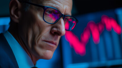 Confident businessman with red glasses analyzing digital charts represents finance, focus, and market strategy.