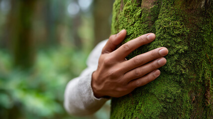 A human hand gently touching a moss-covered tree trunk symbolizing connection with nature and environmental mindfulness.
