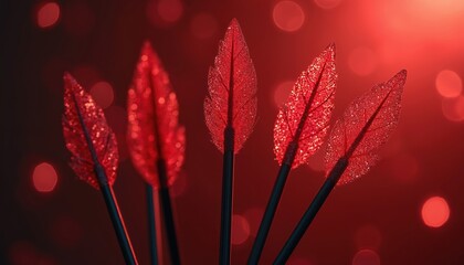 Five red arrows with glittery leaf fletchings stand together against a blurred red bokeh background. The sharp arrowheads point forward, suggesting focus and precision.