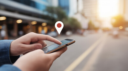 Hand using smartphone with location pin on city street represents mobile navigation and digital location services.
