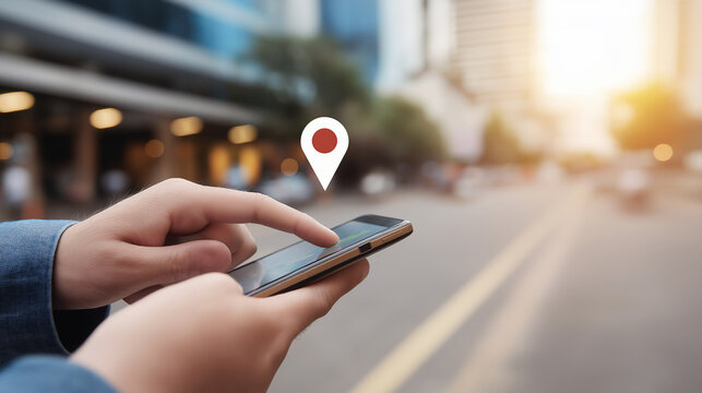 Hand using smartphone with location pin on city street represents mobile navigation and digital location services.
 - Powered by Adobe