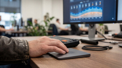 Corporate UX Designer Navigating Financial Data Dashboard with Wireless Trackpad