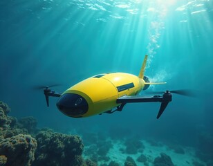 Fototapeta premium Yellow underwater drone with propellers explores ocean depths near coral reef. It navigates through clear blue water with sun rays filtering from above.