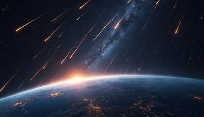View of Earth from space during a meteor shower with the Milky Way visible. Streaking meteors fall toward the planet with city lights glowing below. Celestial event in dark cosmic sky.
