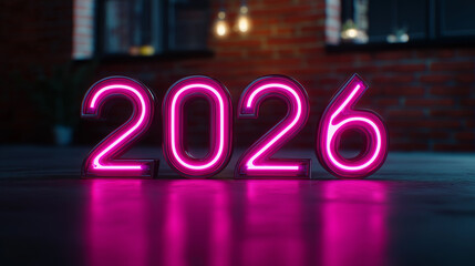 Neon glowing 2026 sign in dark interior represents futuristic New Year countdown and modern celebration.
