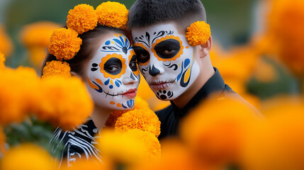Couple with traditional Day of the Dead face paint surrounded by marigold flowers celebrates cultural heritage and remembrance.

