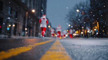 People dressed as Santa Claus running through a snowy city street symbolize festive celebration, winter fun, and Christmas spirit.
