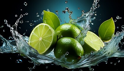 limes with water splash on black background generative ai
