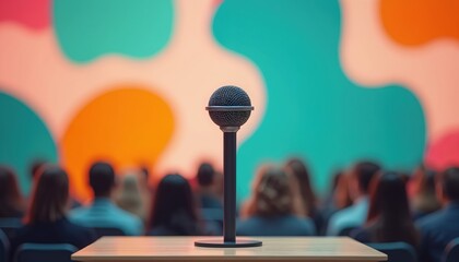Microphone stands on stage before audience seated in modern hall. Colorful abstract backdrop sets scene for presentation, public speech, or corporate event. Discussion awaits.