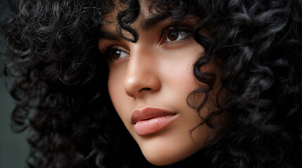 Fototapeta premium Close-up portrait of a woman with natural curly hair highlights beauty, confidence, and modern individuality. 