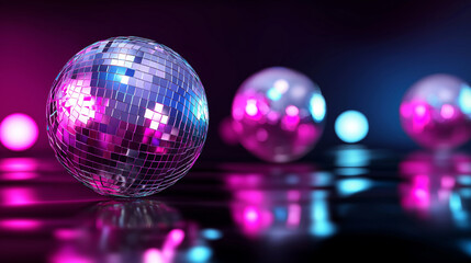 Shiny disco balls reflecting colorful lights create a vibrant party and nightlife atmosphere. 