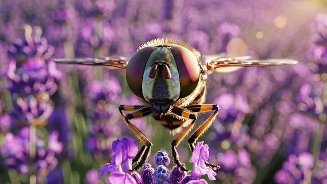 Extreme close up of hoverfly gathering nectar from vibrant purple lavender flowers