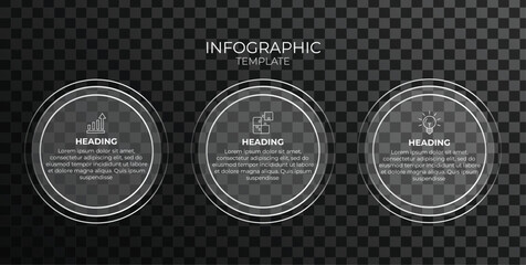 Modern three-step circular infographic template with transparent glass rings and icons on alpha background, ideal for business process, strategy and data visualization.
