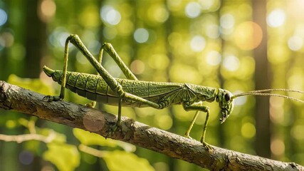 Large green bush cricket resting camouflaged upon a sunlit tree branch