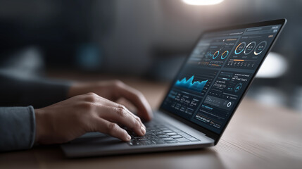 Person using a laptop with data analytics dashboard represents artificial intelligence, business intelligence, and digital decision making.
