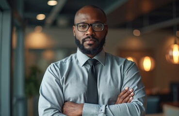 Obraz premium Black businessman with glasses and beard stands arms crossed in modern office. He wears a gray shirt and tie looking directly at camera with confident serious expression.