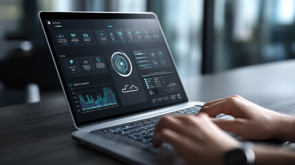 Person using a laptop with data analytics dashboard represents artificial intelligence, business intelligence, and digital decision making.
