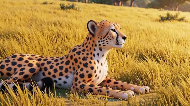 Detailed three dimensional cheetah resting peacefully within tall golden savanna grass