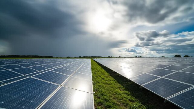 Vast solar farm under a bright sun and dramatic clouds, clean energy concept