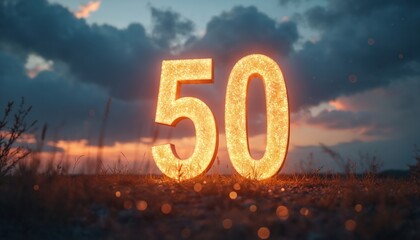 Glowing number 50 stands on ground against cloudy sunset sky. Golden digits emit light. Represents special occasion achievement or anniversary.