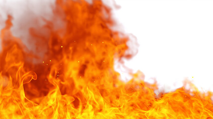 Obraz premium Bright blazing flame isolated on white background represents fire, heat, energy, and danger. 