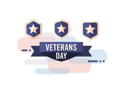 Veterans Day Celebration Honoring Military Service with Star Badges and Ribbon Banner - Powered by Adobe