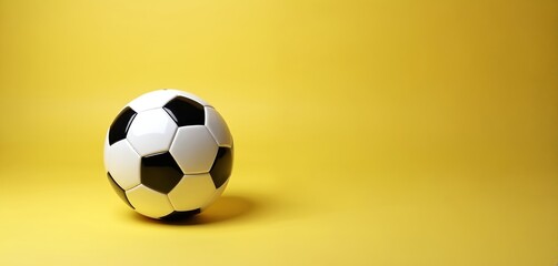 Classic soccer ball rests on bright yellow background. Ball features traditional black and white hexagonal pattern. Plenty of copy space available for text or graphics. Minimalist sports concept.