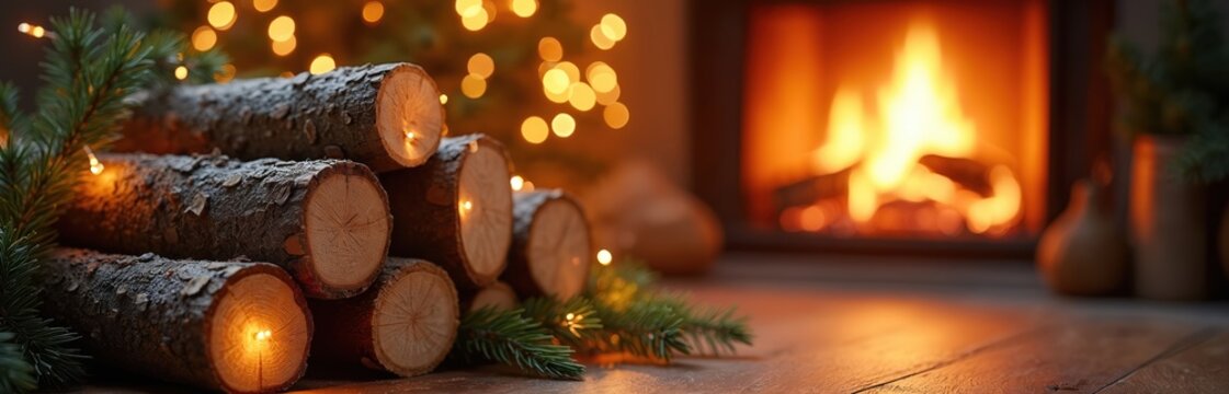 Pile of wood logs near burning fireplace with warm glow from fairy lights and Christmas tree bokeh. Cozy indoor winter scene provides festive holiday ambiance for relaxation and comfort. - Powered by Adobe