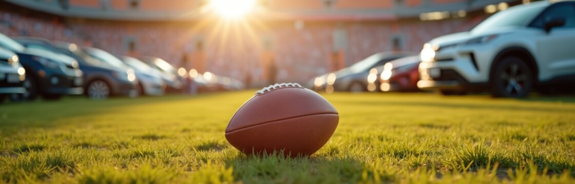 American football rests on grass field near parked cars and stadium stands during golden hour. Fans prepare for game day outside arena before match begins.