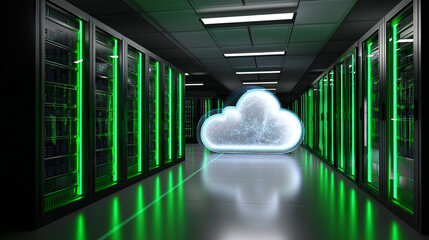 Green illuminated server corridor with cloud icon representing secure cloud computing infrastructure.
