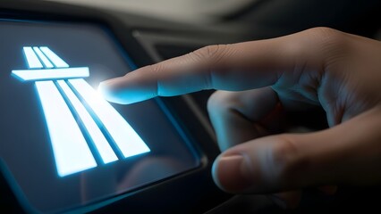 Finger touching glowing blue highway symbol on a car dashboard screen for navigation