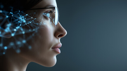 Woman profile with digital data stream projecting from her eye symbolizing artificial intelligence vision.
