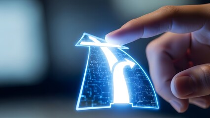 Finger Touching a Futuristic Digital Interface with a Glowing Road Fork Icon, Symbolizing Strategic Choices, Future Direction, and Advanced Navigation Technology in Business Planning