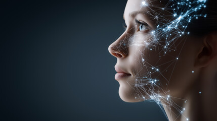 Woman profile with digital data stream projecting from her eye symbolizing artificial intelligence vision.
