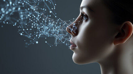 Woman profile with digital data stream projecting from her eye symbolizing artificial intelligence vision.