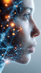 Obraz premium Woman profile with digital data stream projecting from her eye symbolizing artificial intelligence vision. 
