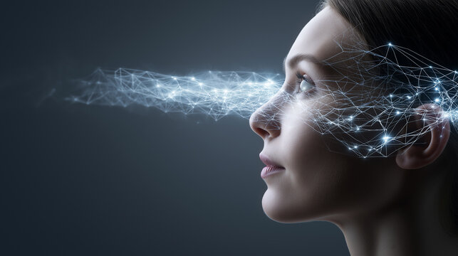 Woman profile with digital data stream projecting from her eye symbolizing artificial intelligence vision.
 - Powered by Adobe