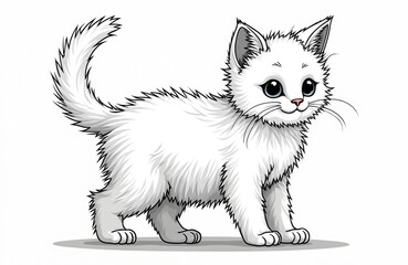 Obraz premium Fluffy white kitten stands alert, its large blue eyes gaze forward. This outline illustration is perfect for coloring books for children or adults who love cats.