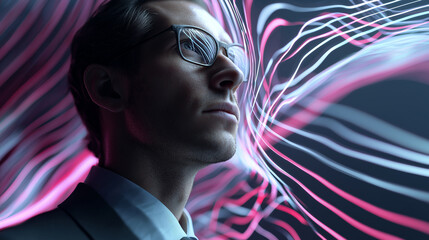 Man surrounded by flowing digital light waves representing artificial intelligence and data processing.
