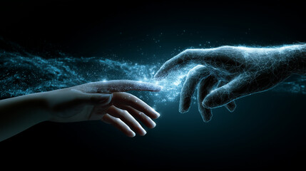 Fototapeta premium Human hand reaching toward a digital artificial hand symbolizing connection between humanity and technology. 