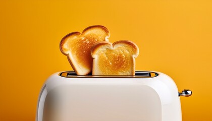 white toaster with two slices of golden brown toast popping up against a yellow background