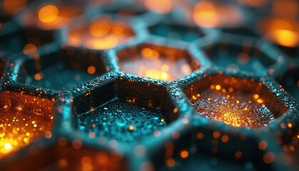 Abstract glowing geometric hexagon pattern. Organic bioluminescent cells with futuristic digital fractal texture. Vibrant lights flicker, creating mesmerizing energy flow.