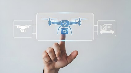 Person interacting with a futuristic digital interface, selecting a drone with an integrated camera icon, illustrating modern technology applications and remote aerial photography concepts