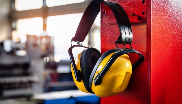 yellow earmuffs hang on a red heavy industrial machine workshop safety