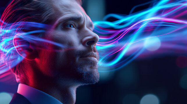 Man surrounded by flowing digital light waves representing artificial intelligence and data processing.
 - Powered by Adobe