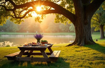Wooden picnic table with food and flowers sits by a lake at sunset. Sun shines through tree branches creating warm light. Peaceful outdoor meal setting.
