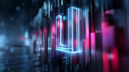 Glowing digital door icon emerging from abstract futuristic data environment.

