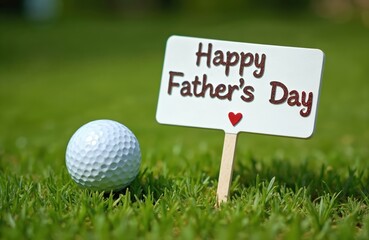 White sign with Happy Fathers Day message and red heart on green grass. Golf ball rests nearby on sunny day. Perfect for sport greeting cards, holiday themes, and celebrations. This is a gift idea.